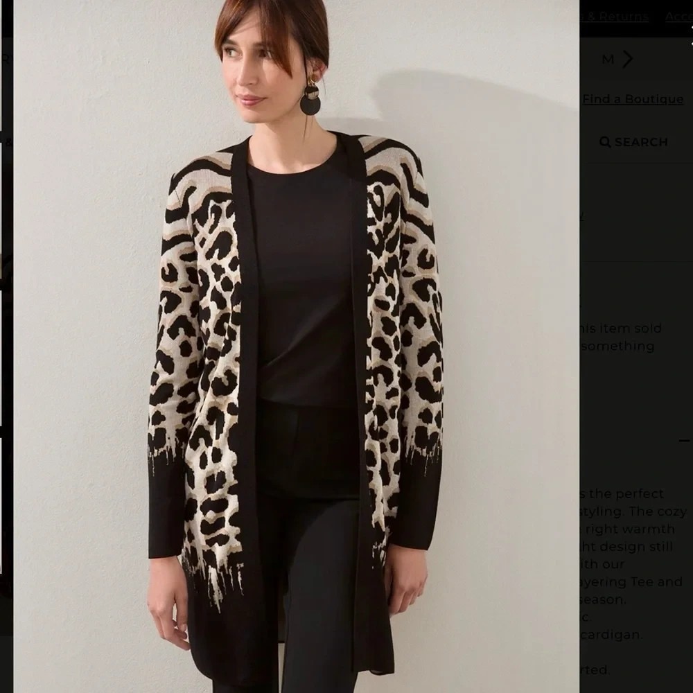 Chico's Animal Print Cardigan Womens Rayon Knit Classic Open‎ Sweater - Small